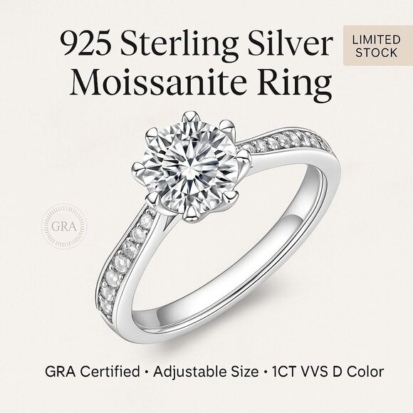 💎 Custom 925 Sterling Silver Moissanite Ring 💍 | Adjustable | 1CT D Color VVS - Picture 1 of 8